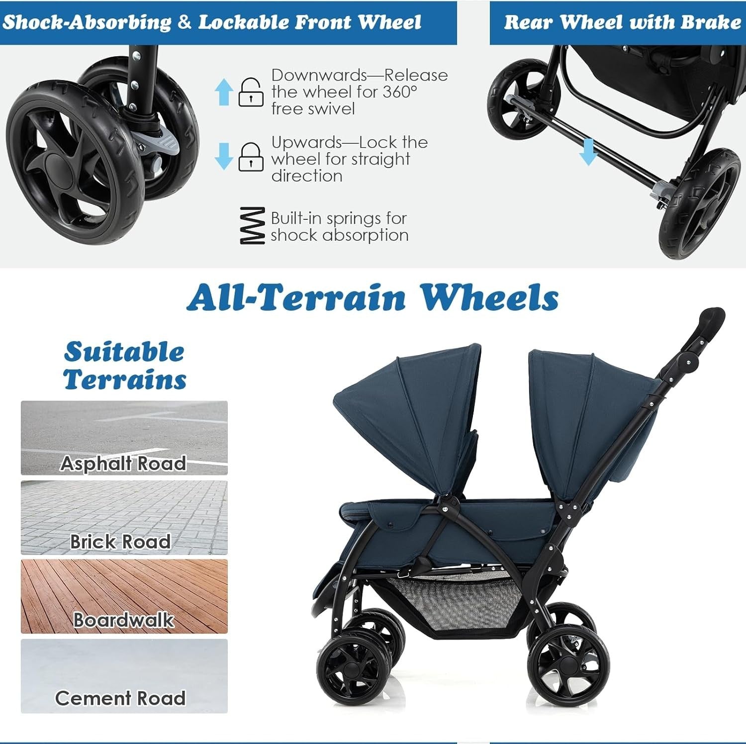 Navy Blue Double Baby Stroller Tandem Pushchair Foldable 30kg