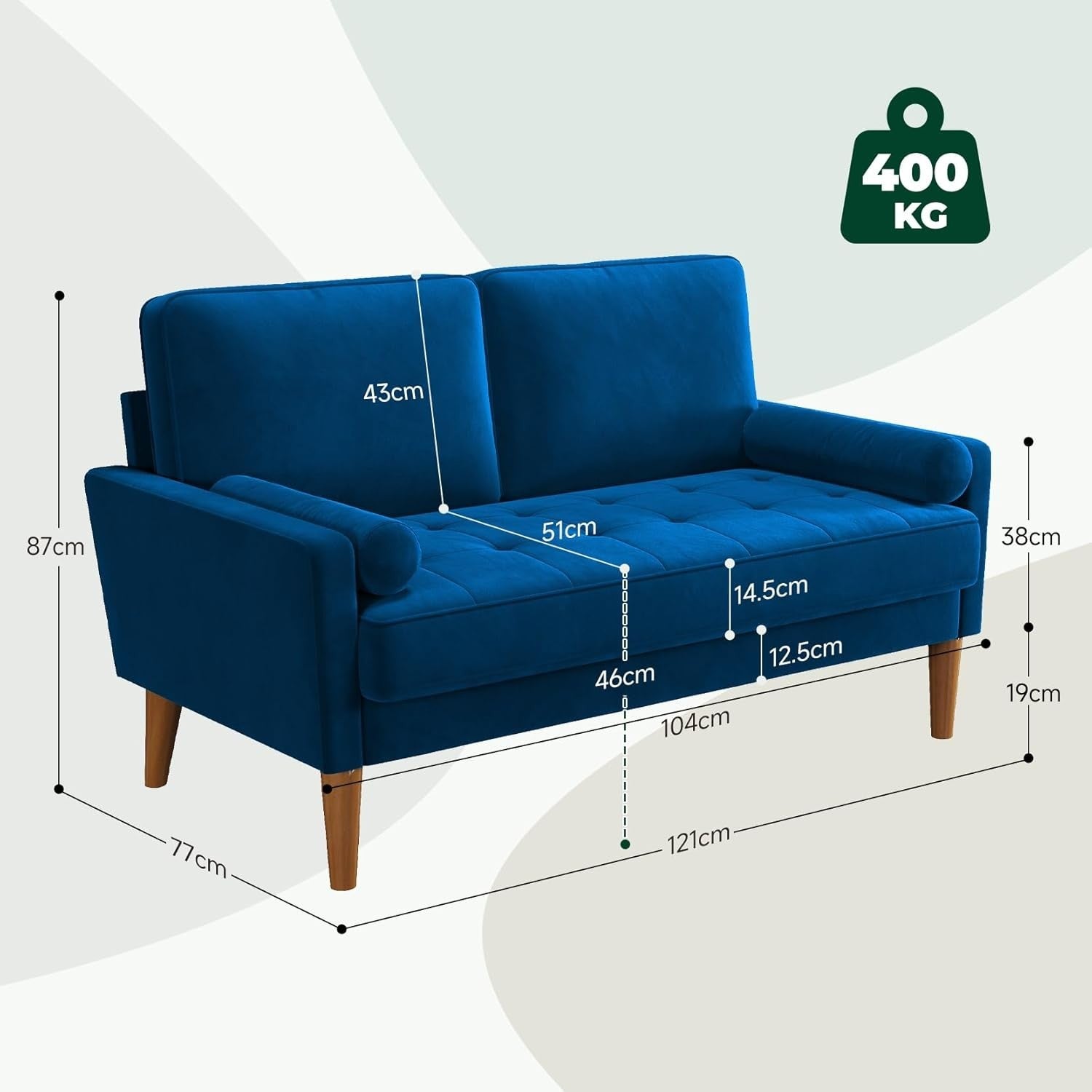 Blue Velvet 2 Seater Sofa Small Space Comfy Couch Wood Legs Living Room