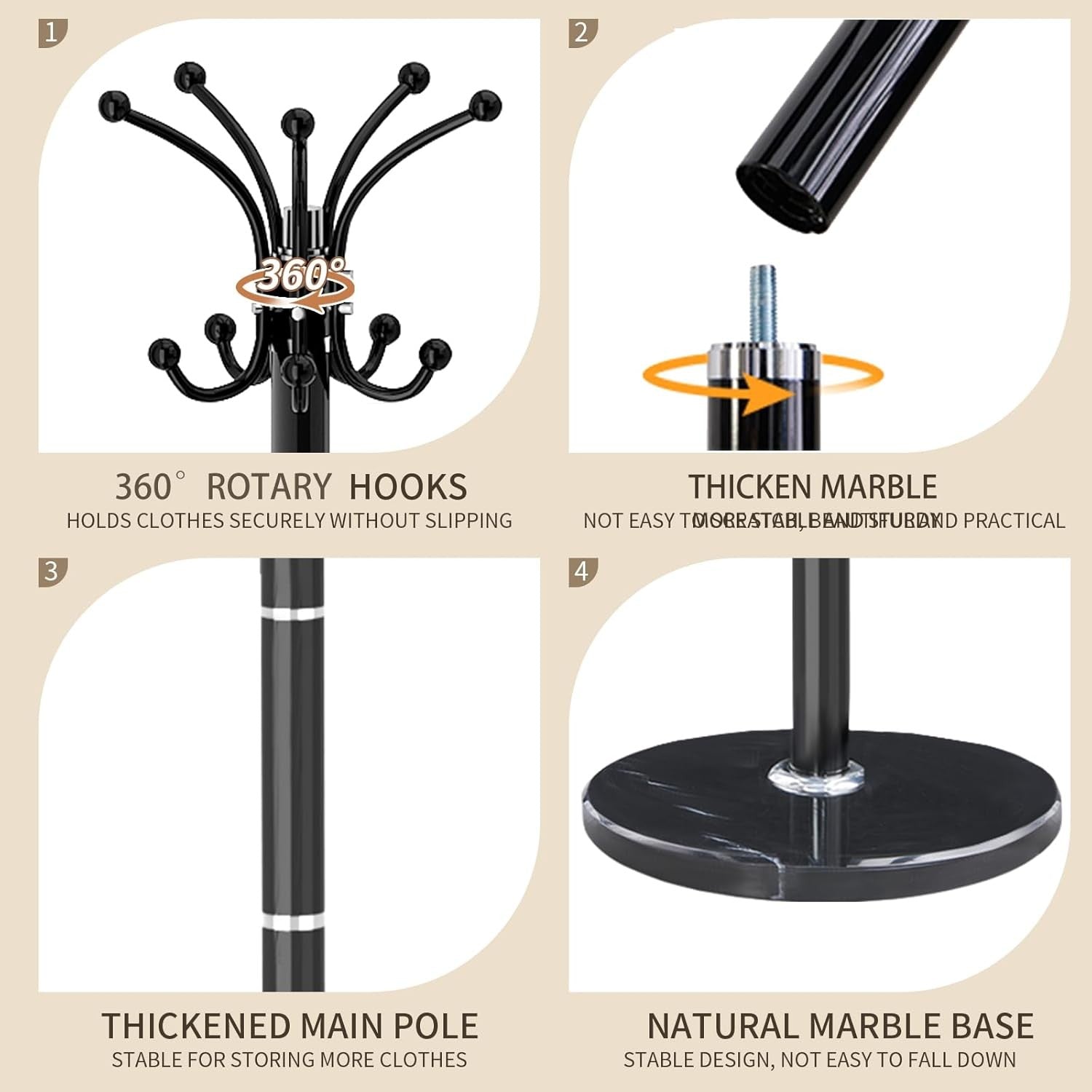 Modern 360° Rotating Metal Coat Rack with Marble Base | 14 Hook Stand
