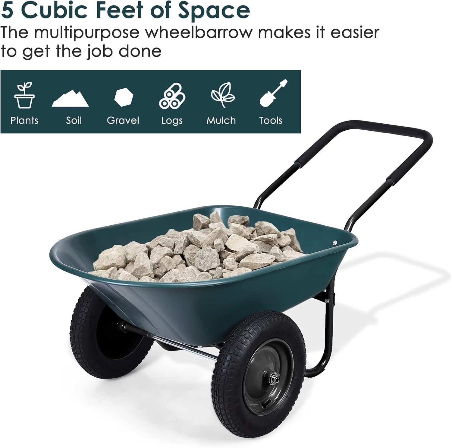 150kg 2-Wheel Garden Green Wheelbarrow – Pneumatic Tyres Heavy Duty Steel Frame