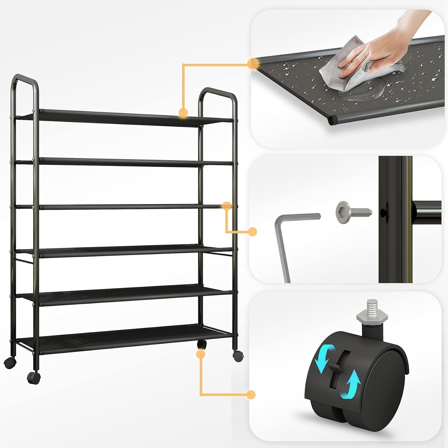 6-Tier Rolling Shoe Rack with Locking Wheels & Durable Fabric, Holds 20-35 Pairs