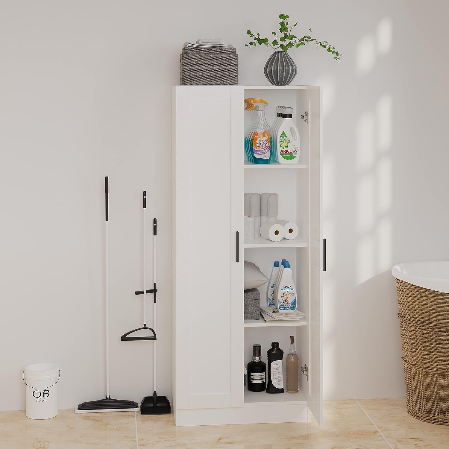 Tall Freestanding Storage Cabinet Cupboard White 2 Door Adjustable Shelves