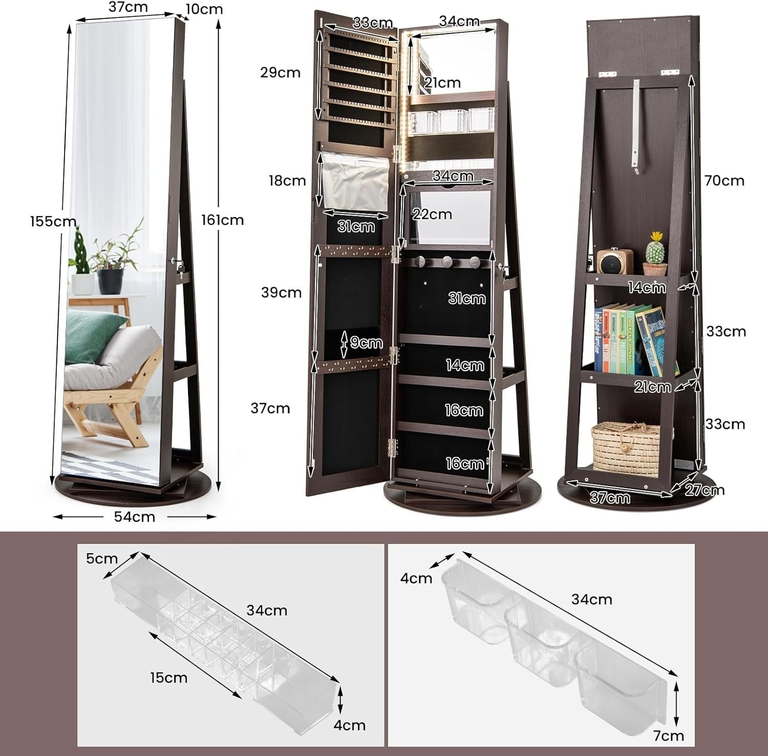 360° Swivel Jewelry Armoire Lockable Full Length Mirror LED Storage