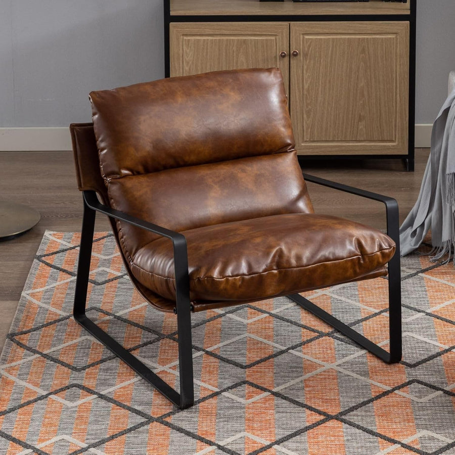 Brown PU Leather Accent Chair Industrial Metal Frame Lounge Seat