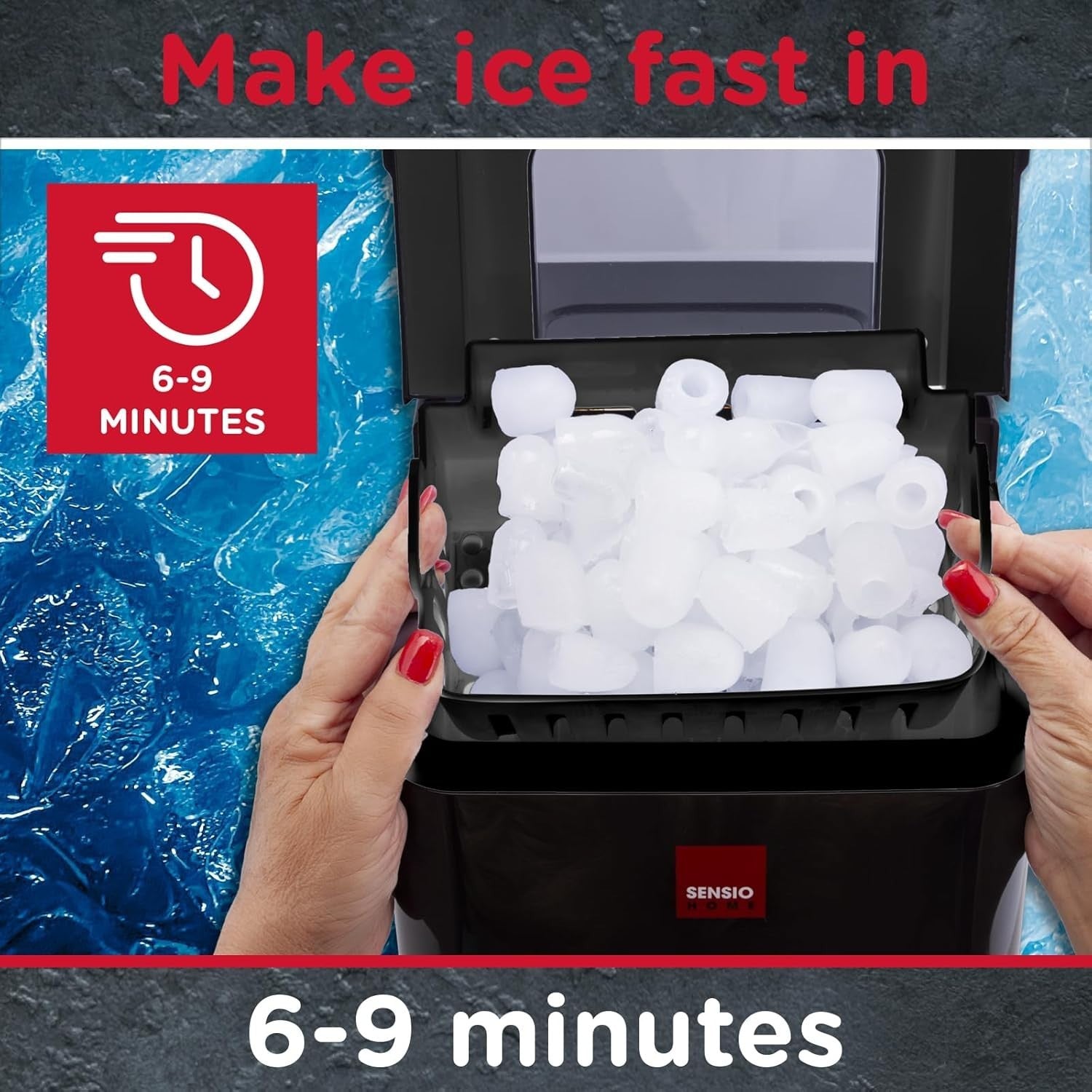 Fast Ice Cube Maker 9 Cubes in 9 Mins, 1.5L Tank, Self-Cleaning Countertop