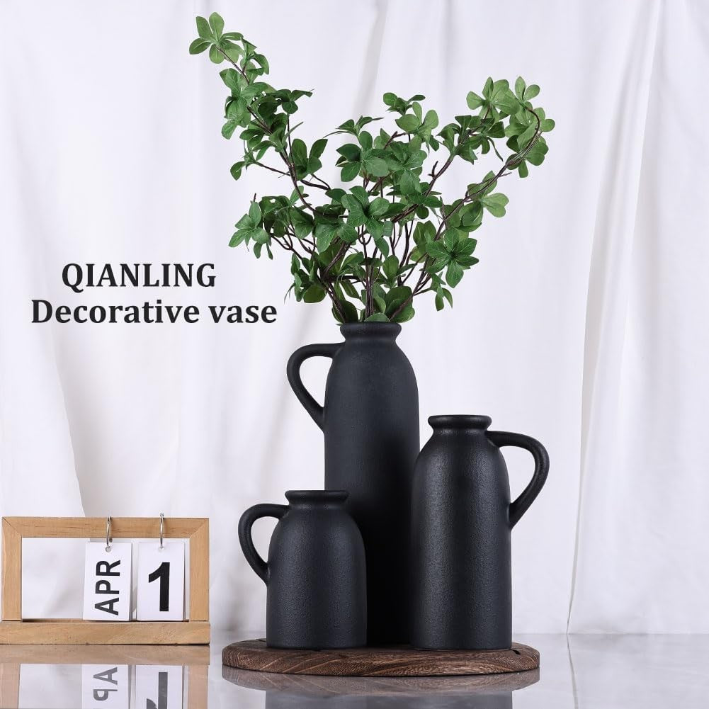 Black Ceramic Vase Set of 3 Matte Jug Vases Farmhouse Table Home Decor