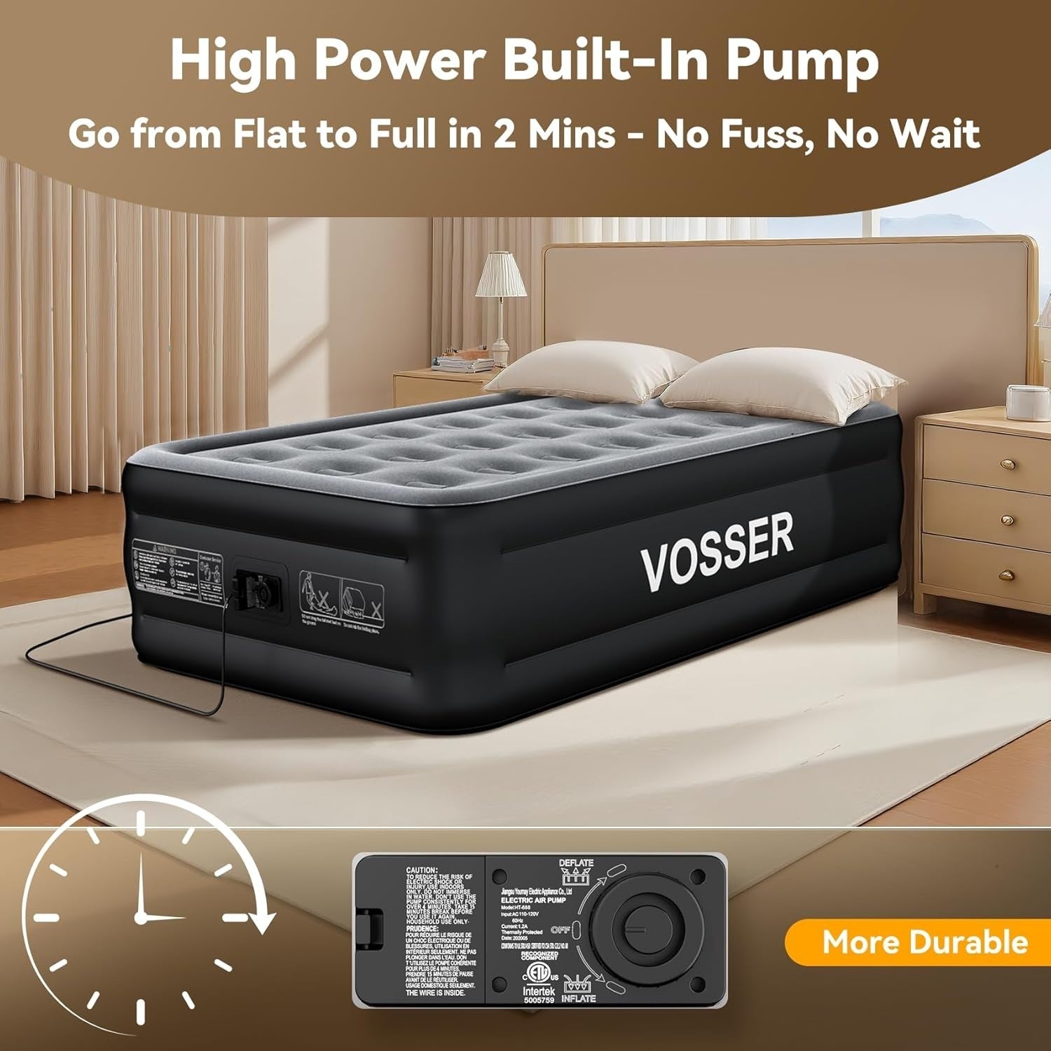 Single Air Mattress Built In Pump 18” Raised 2 Min Inflating Black Air Bed