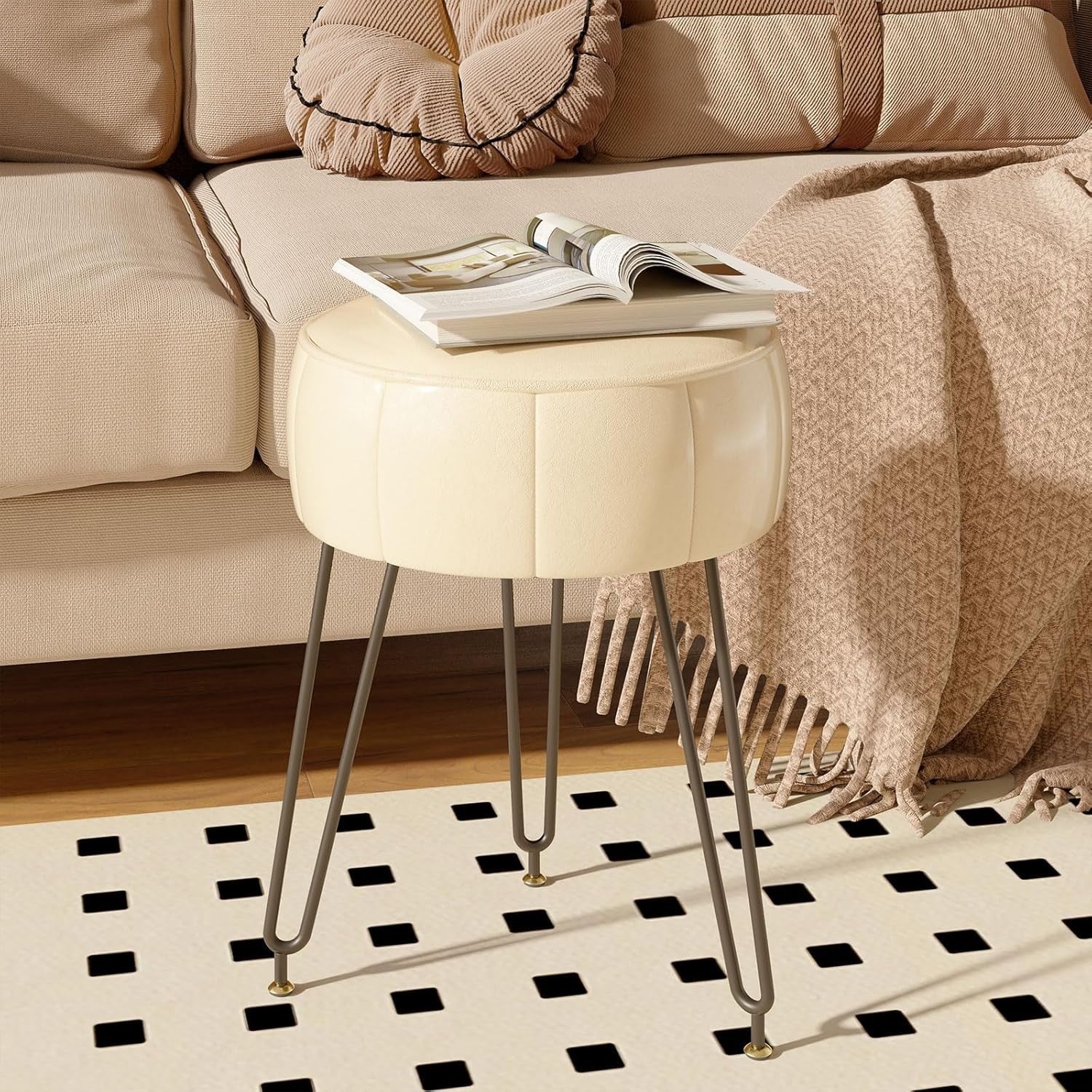 White Faux Leather Pumpkin Vanity Stool Round Modern Footrest Seat