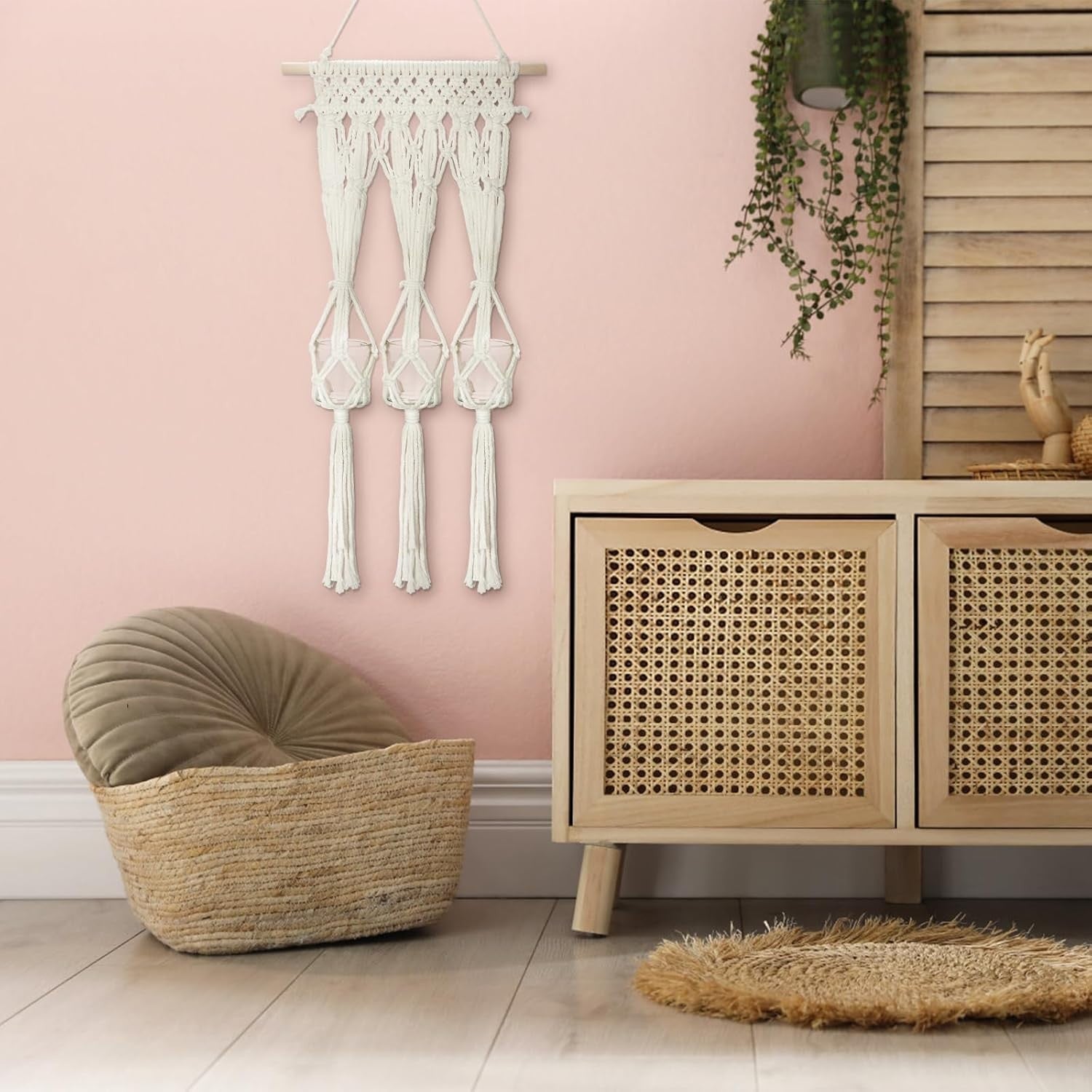Macrame Wall Hanging with 3 Glass Vases Boho Home Decor