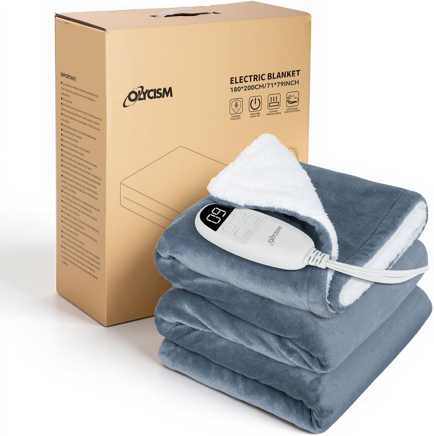 Electric Heated Throw Blanket 200x180cm Auto Shut Off 9 Heat Levels Soft Fleece