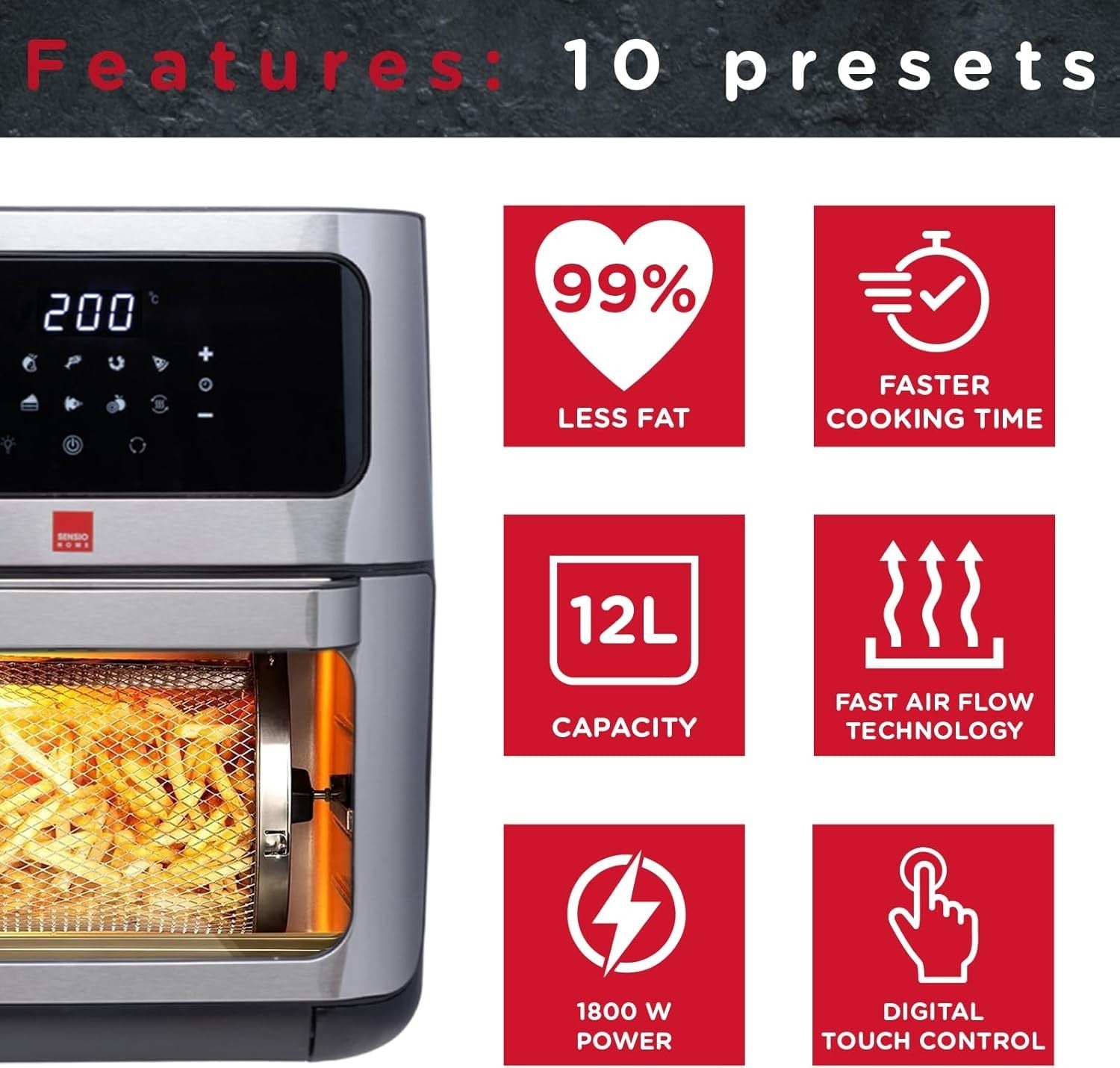 12L Air Fryer Oven Rotisserie 10-in-1 Oil Free Digital 1800W