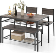 4 Seater Dining Table Bench Set w/ Storage Racks Grey Oak Metal Frame