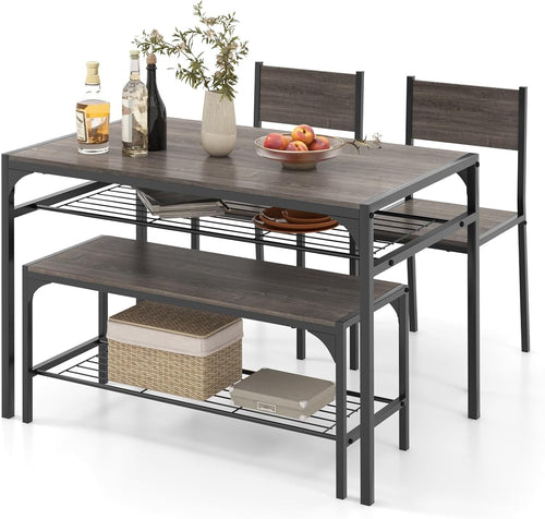 4 Seater Dining Table Bench Set w/ Storage Racks Grey Oak Metal Frame