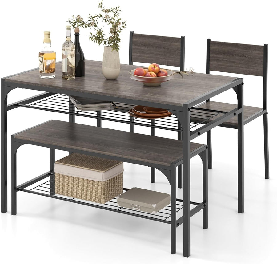 4 Seater Dining Table Bench Set w/ Storage Racks Grey Oak Metal Frame