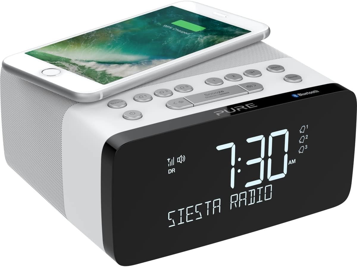 DAB Digital Alarm Clock Bluetooth Qi Wireless Charger Bedside Radio White