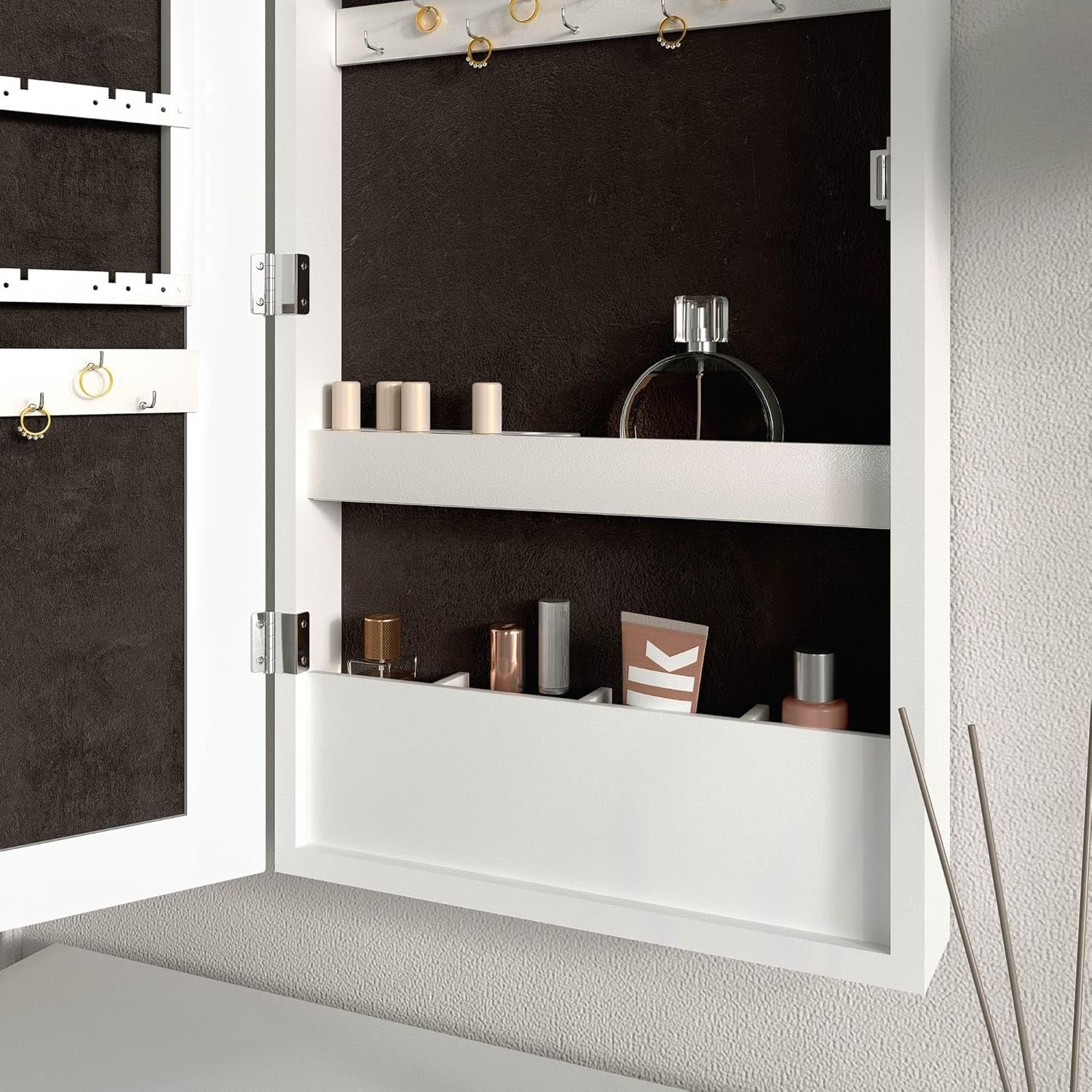 White LED Jewellery Cabinet Wall Mounted Mirror Storage Organizer