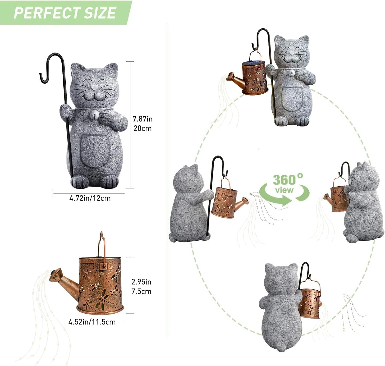 Solar Cat Garden Ornament with Watering Can Lights • Outdoor Resin Statue Gift