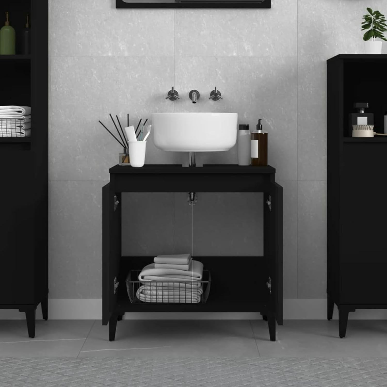 Modern Black Bathroom Sink Cabinet | Under Sink Storage Cupboard 58x33x60cm