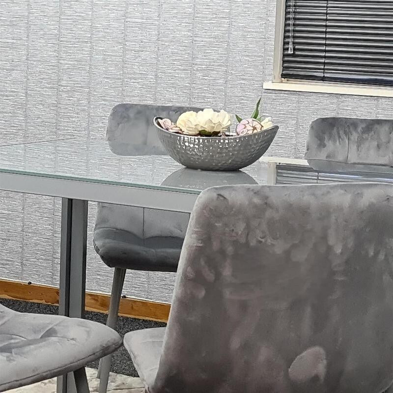 Grey Glass Dining Table Set with 4 Velvet Chairs Modern Padded Seats 134cm
