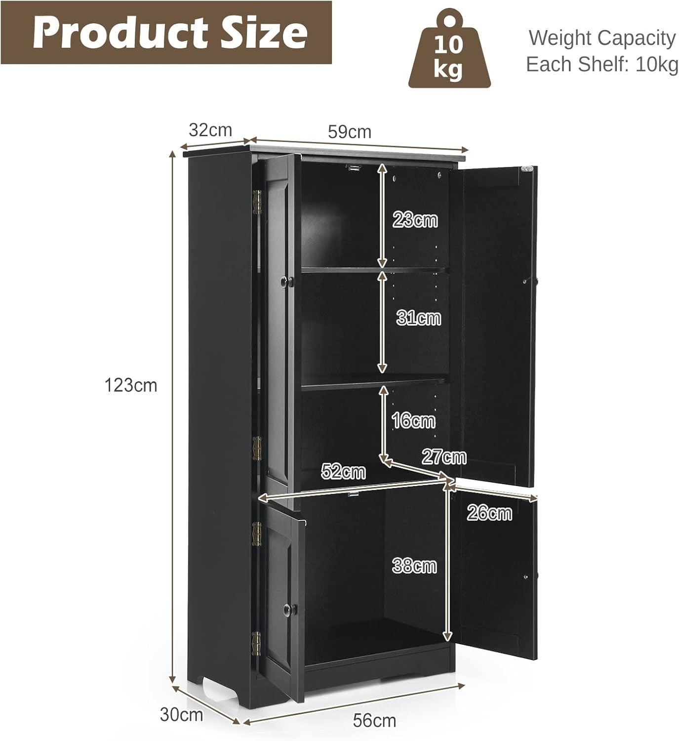 Black Wood Storage Cabinet 4 Door Cupboard | Adjustable Shelves Freestanding Uni