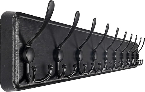 Black Wooden Wall Mounted Coat Rack 38" | Heavy Duty 10 Triple Hook Organizer