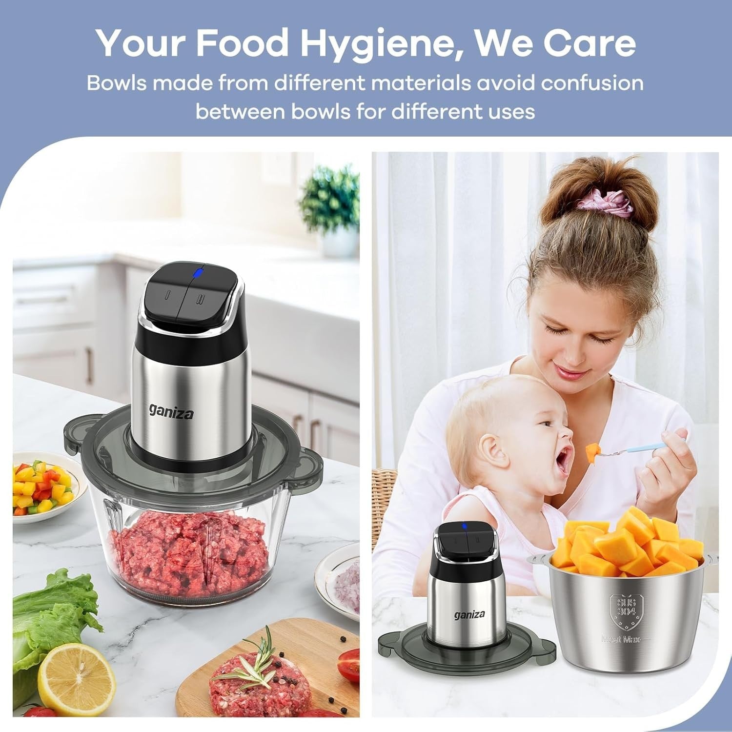 8 Cup Food Processor Meat Grinder 450W 2 Speed Dual Bowl Chopper