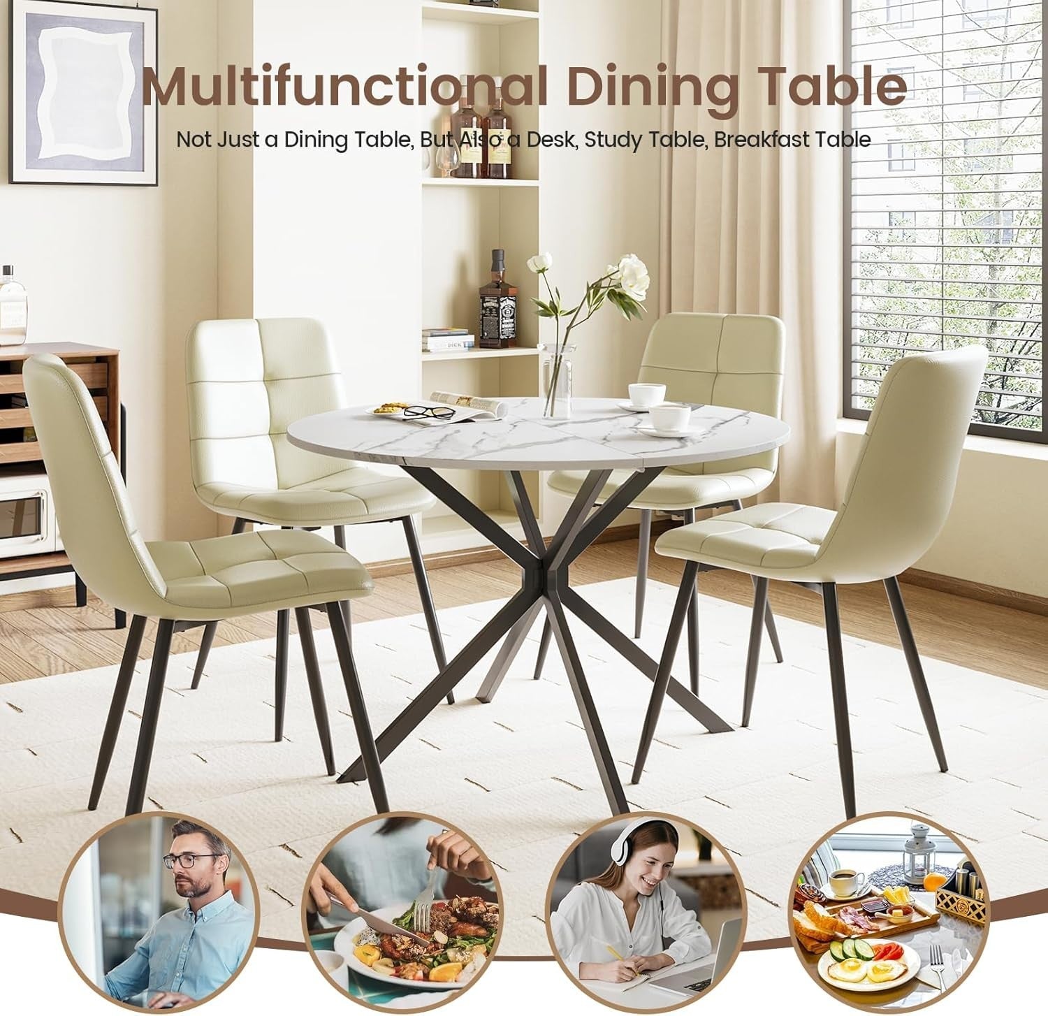 Folding Round Drop Leaf Dining Table Marble Effect Small Space Kitchen