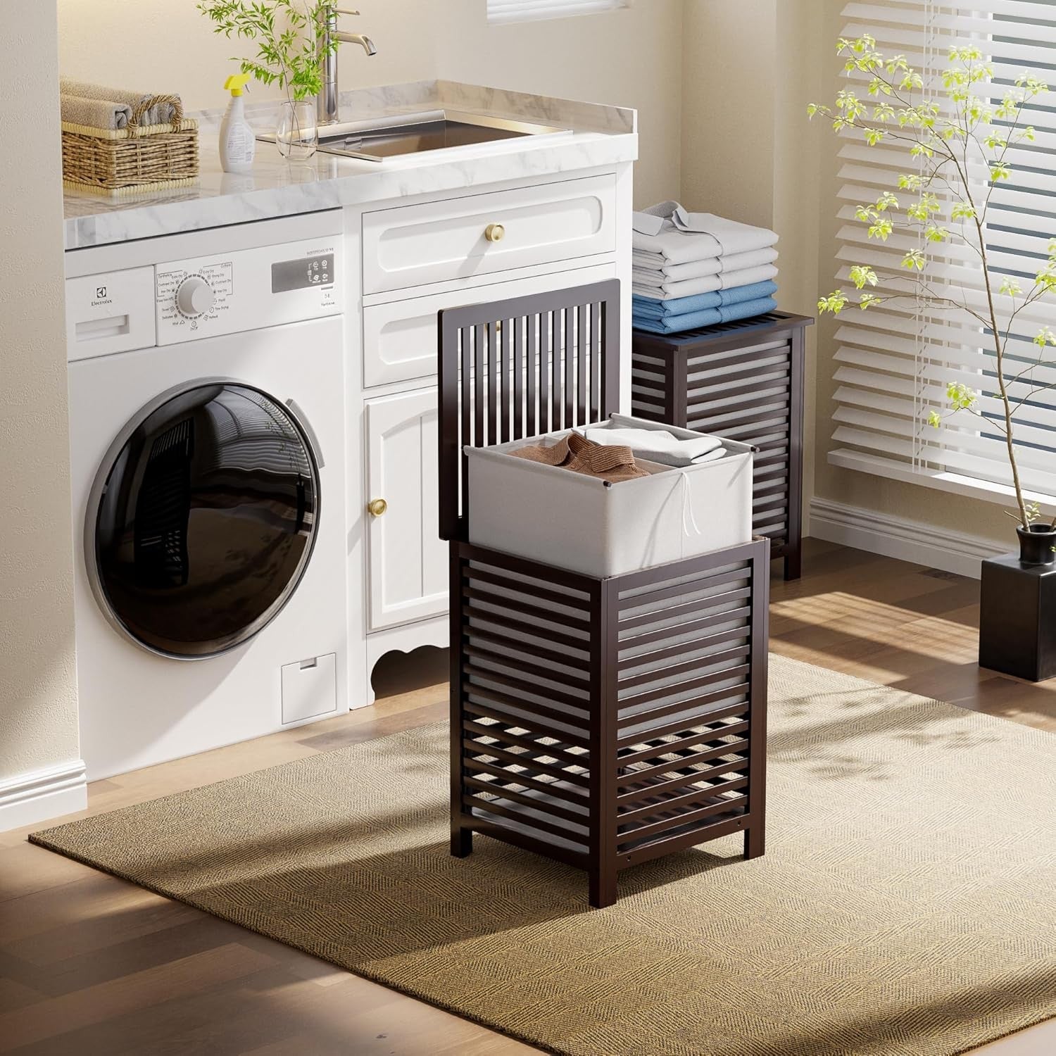 Double Bamboo Laundry Hamper with Lid 120L 2 Section Basket Brown 47x47x65cm
