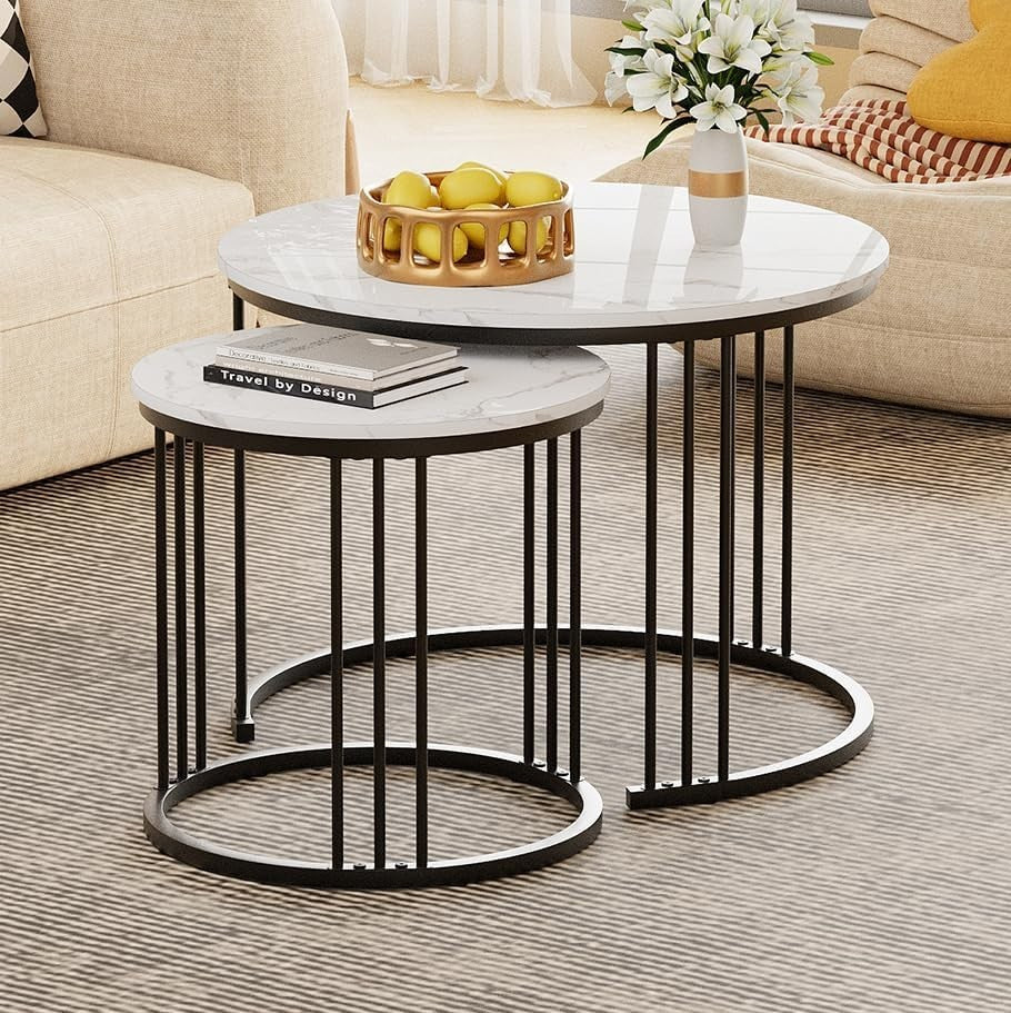 Modern Nesting Coffee Table Set for Small Spaces - Round Metal & Wood Side End