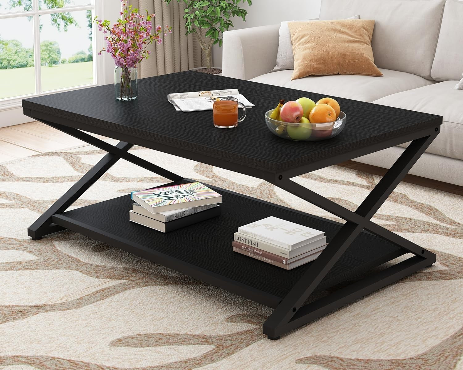 Modern Black Coffee Table with Storage Shelf | 2-Tier Rectangle Center Table