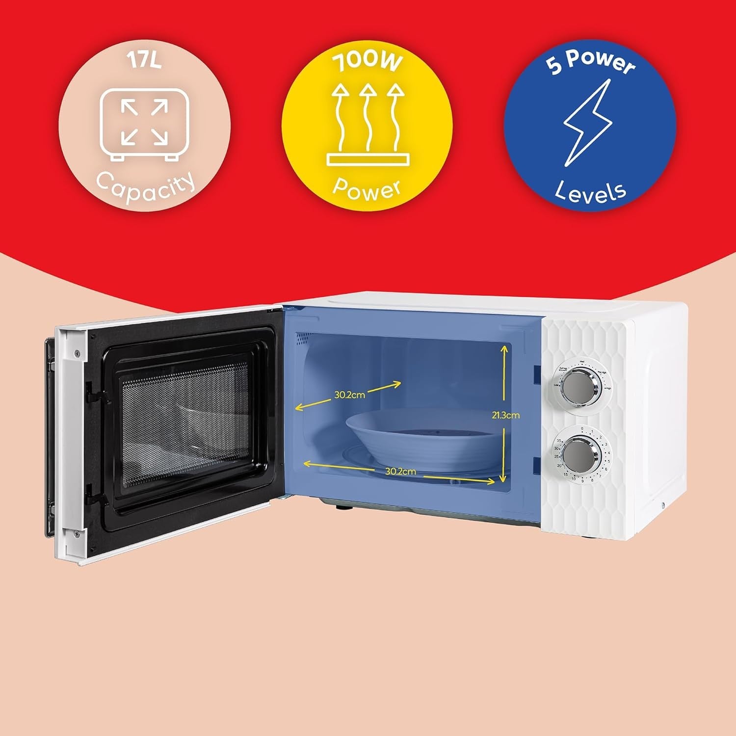 17L 700W Manual Microwave Oven 5 Power Levels Defrost Kitchen