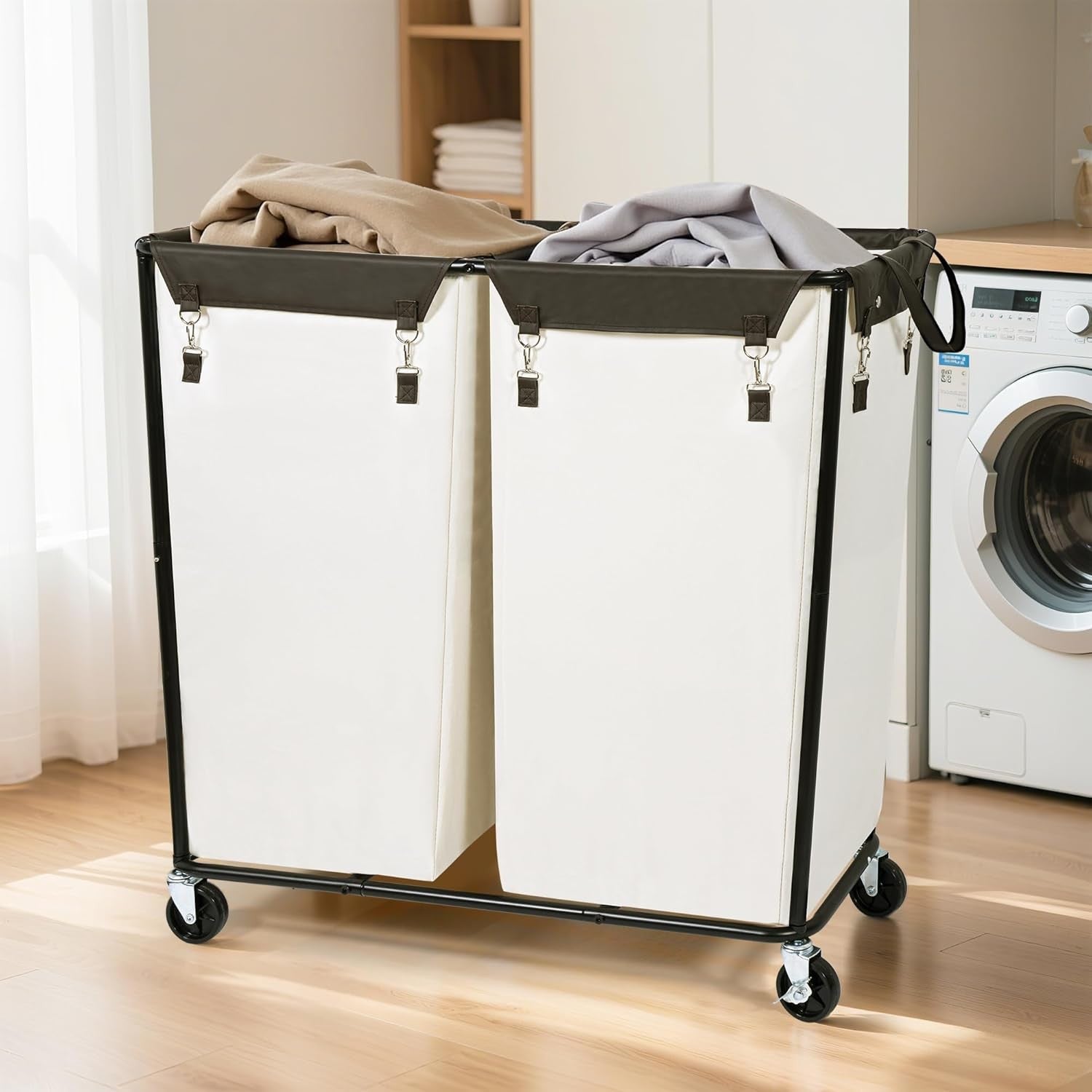 280L Heavy Duty Laundry Sorter with Wheels 2-Compartment Industrial Basket Cart