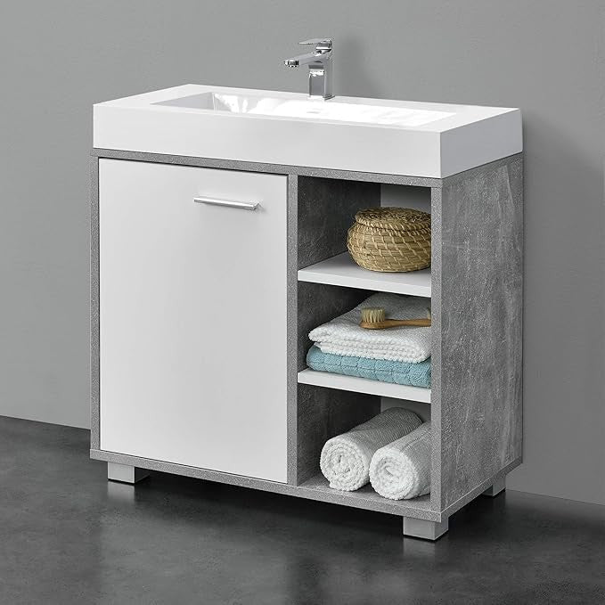 Concrete White Bathroom Sink Cabinet 56x60x31cm Modern Vanity Storage Unit