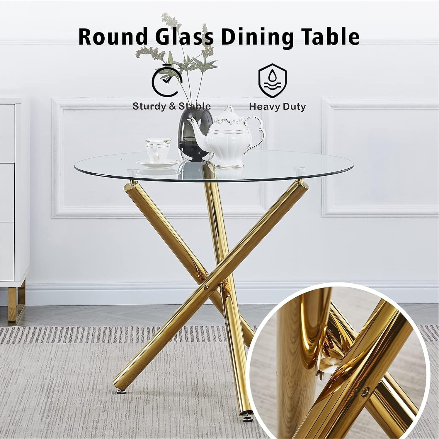 Modern Round Glass Dining Table Set with 4 Chairs | Gold Legs | Space Saving