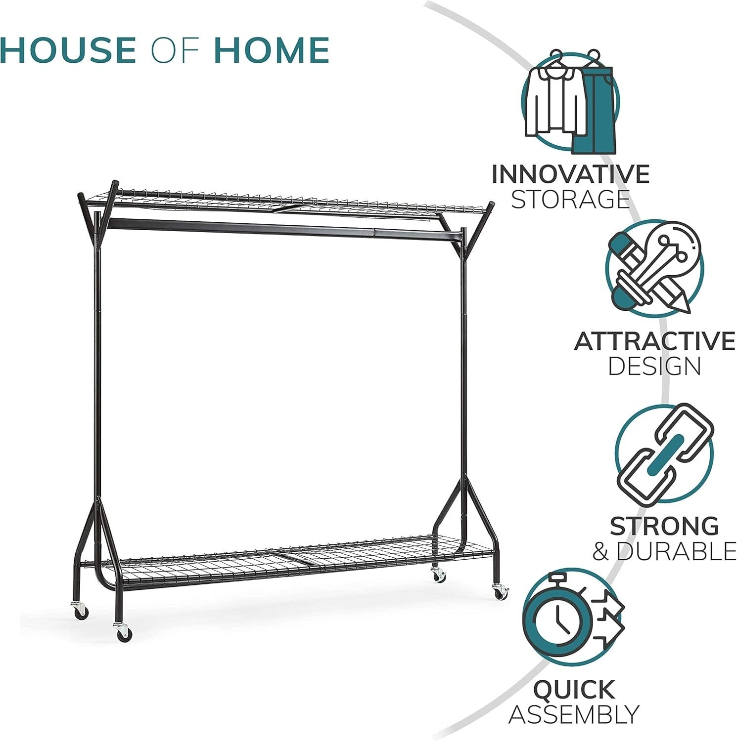 Heavy Duty 5ft Clothes Rail with Wheels & Shelf Black