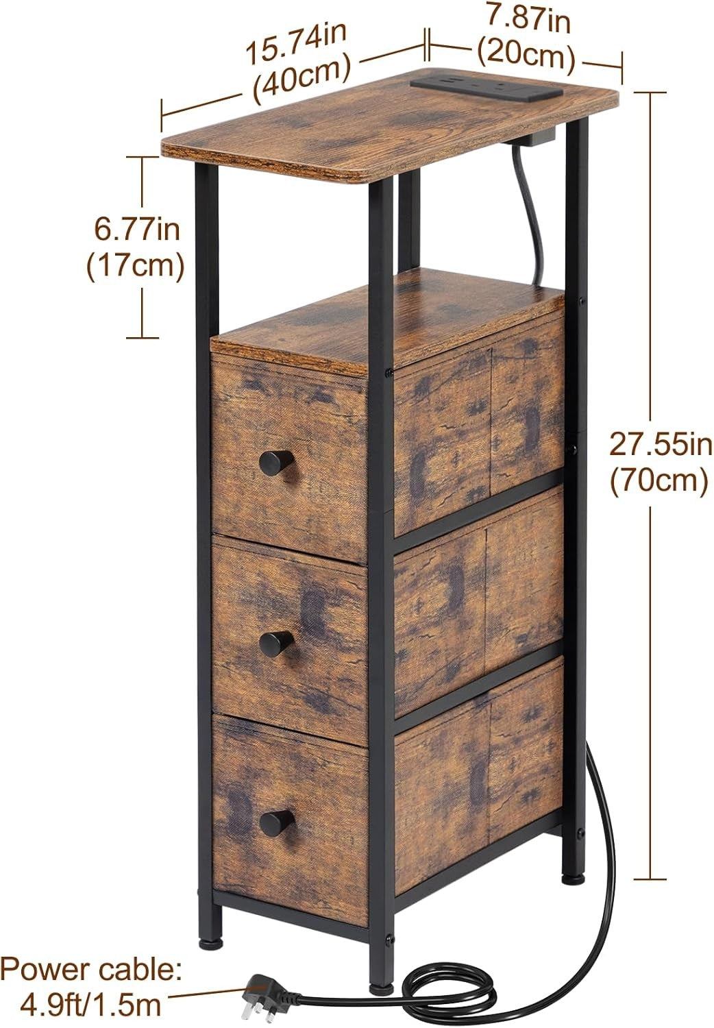 Slim Rustic Bedside Tables Set of 2 with Charging Station & Storage Drawers