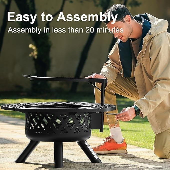 Outdoor Wood Burning Fire Pit with 360° Cooking Grill Large 32" Metal Bowl