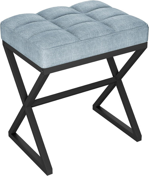 Blue Grey Linen Vanity Stool with X-Shaped Metal Legs Footrest Bench 40x30x46cm