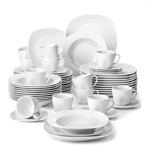 60 Piece White Dinner Set Porcelain Plates Bowls Cups Service for 12 Chip Resist
