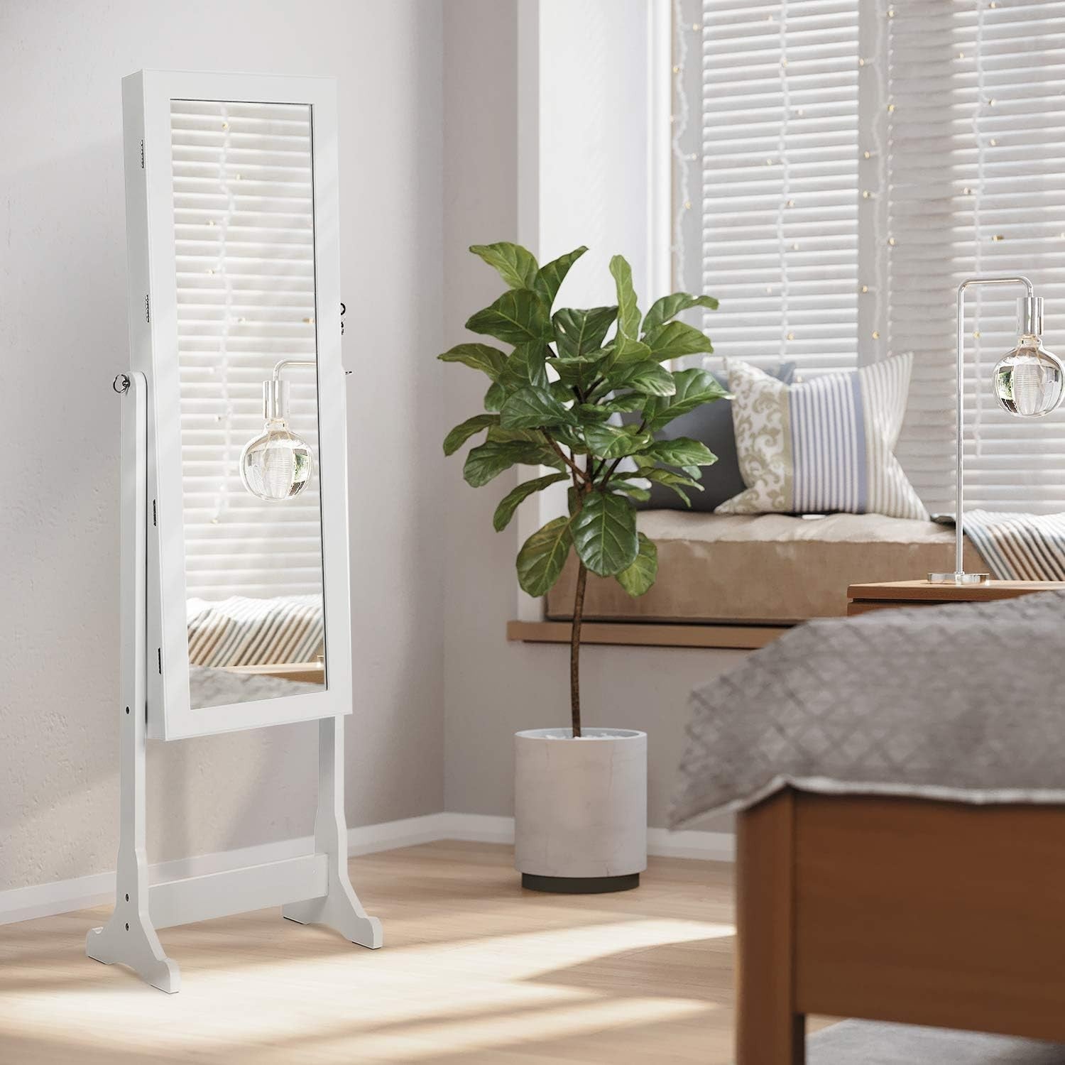 LED Full Length Mirror Jewelry Cabinet Lockable Standing Organizer White