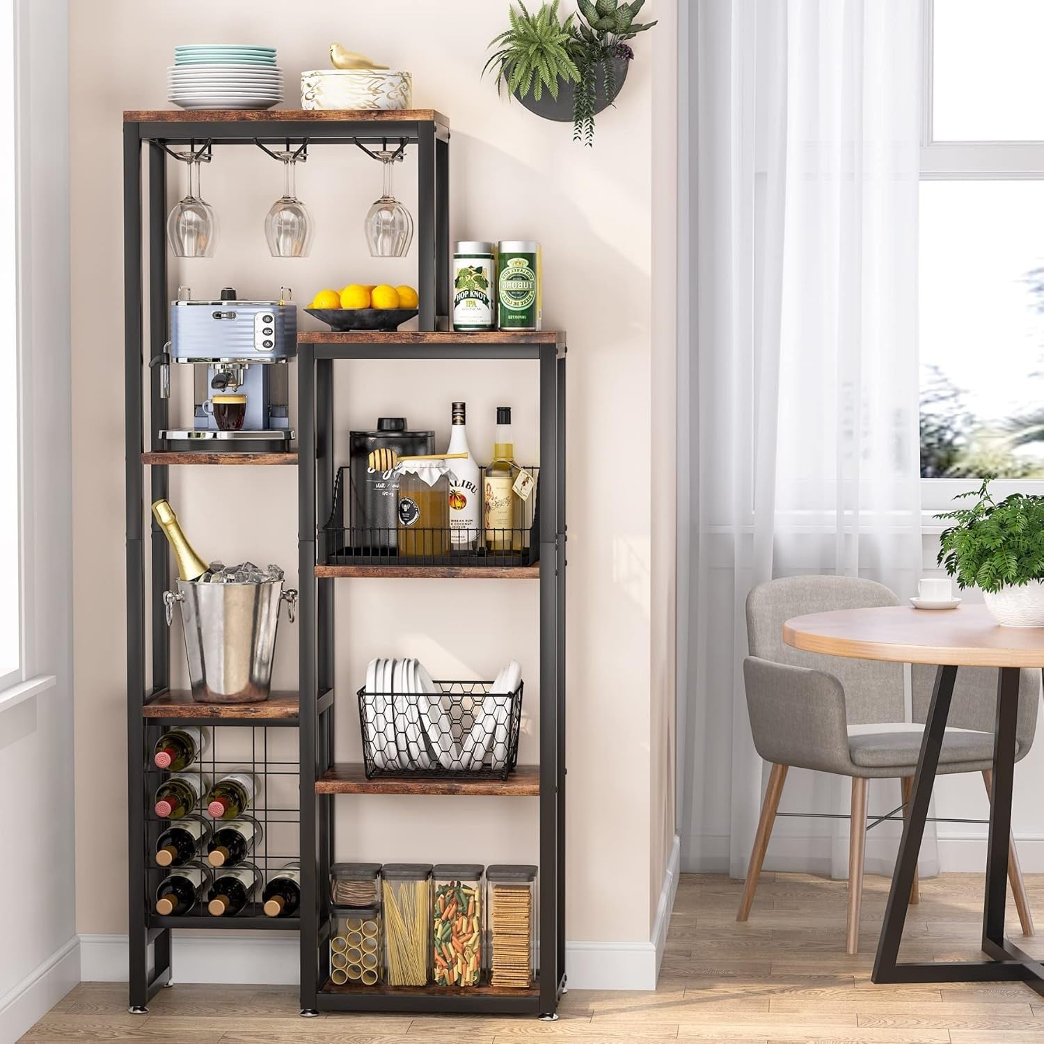 5-Tier Wine Rack Shelf with Glass Holder & Storage, Rustic