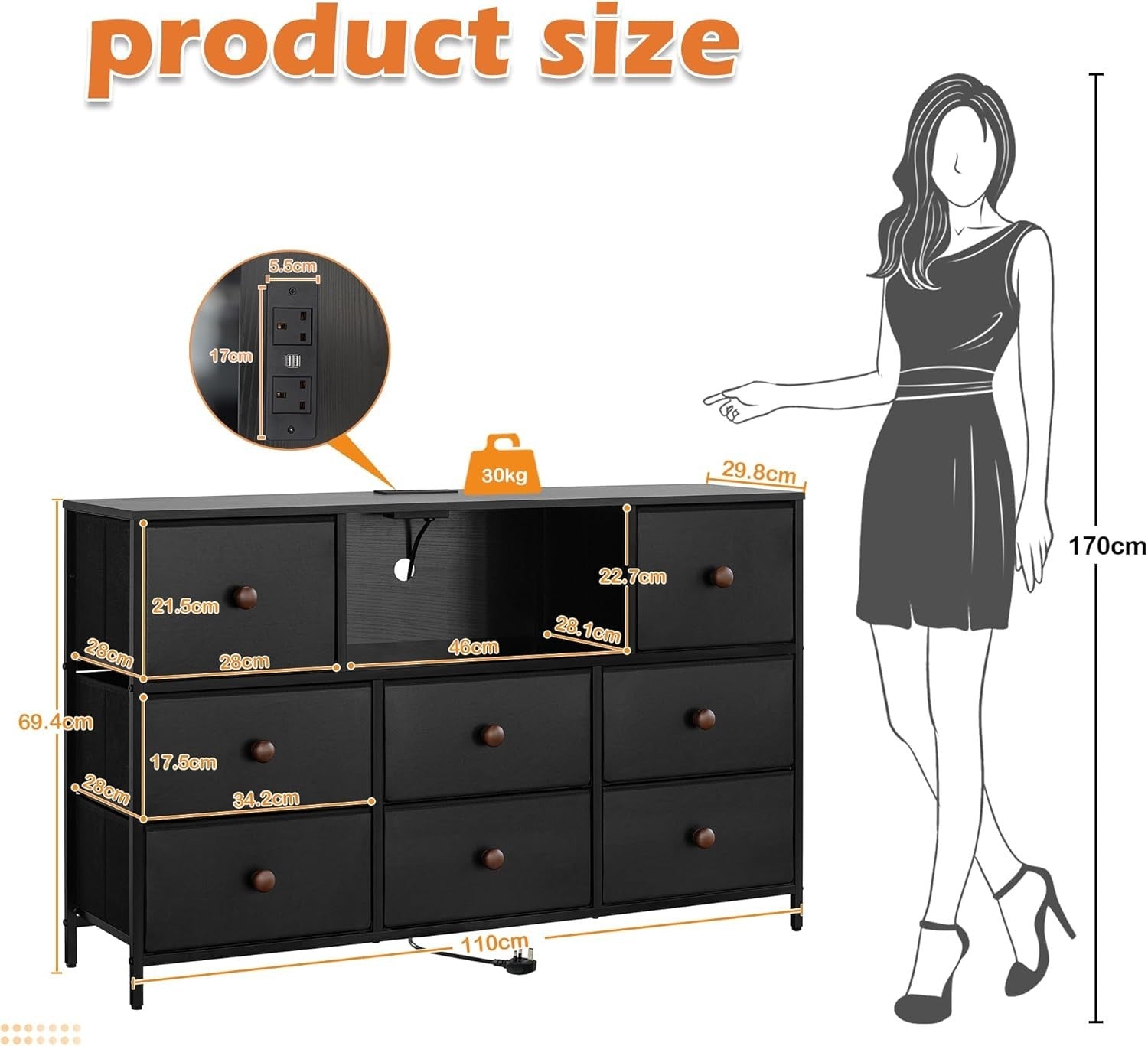 Wide 8-Drawer Chest Dresser TV Stand with LED Lights & USB Charging Ports