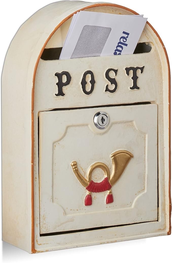 Vintage Wall Mounted Letterbox Lockable Post Horn Design Metal Beige