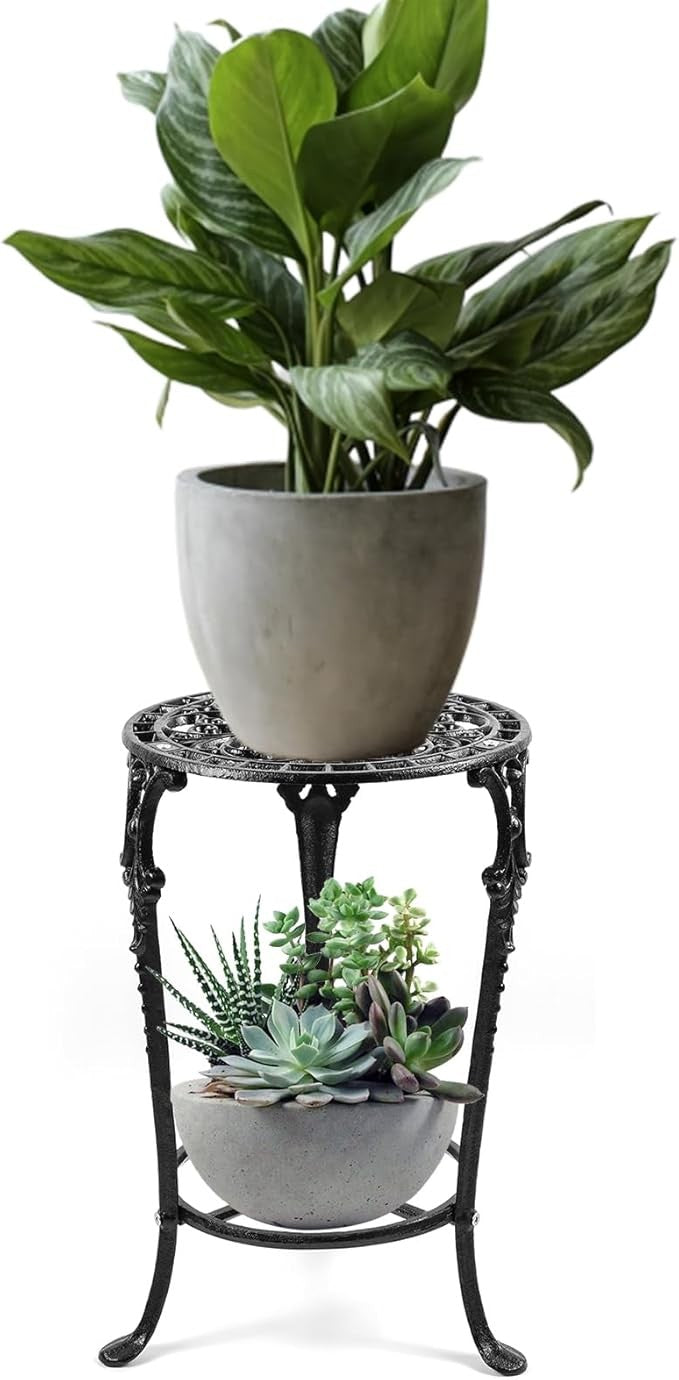 2 Tier Cast Iron Plant Stand Flower Pot Display Rack Indoor Outdoor Black