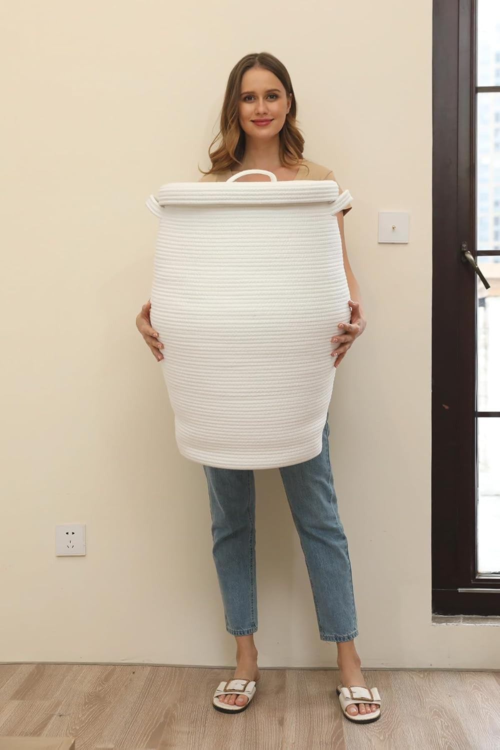 XL 26" White Cotton Rope Laundry Basket with Lid Large Woven Hamper Storage Bin