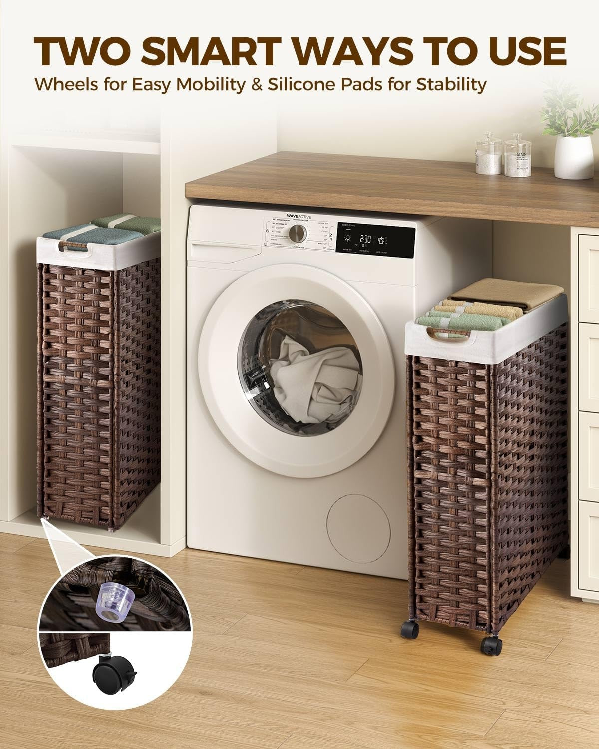 Slim Rattan Laundry Hamper on Wheels 66L with Removable Bags & Mesh Liners Brown