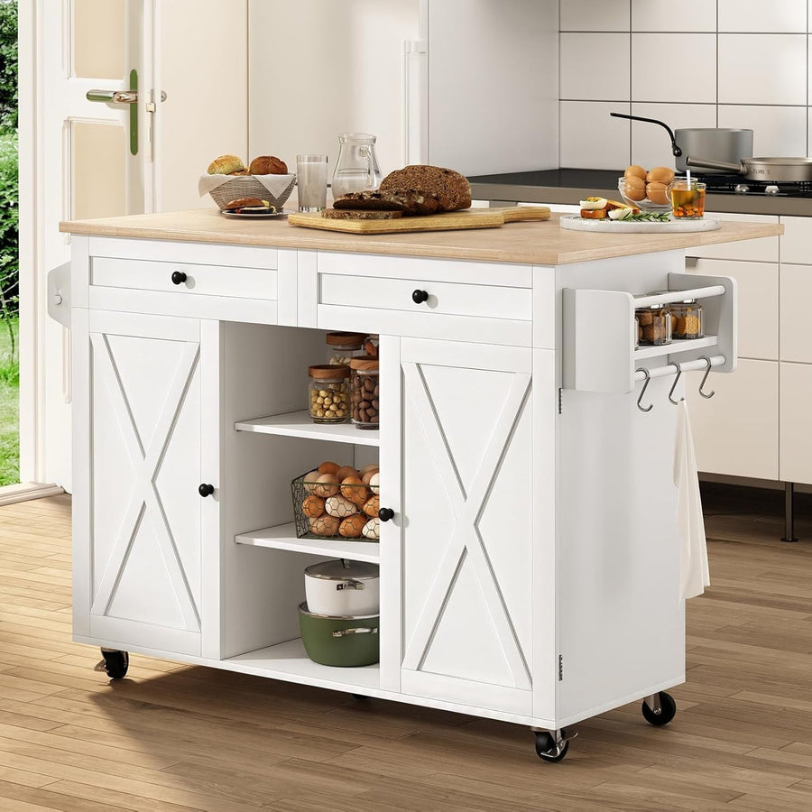 White Kitchen Island Trolley with Drop Leaf, Storage & Wheels – Rubberwood