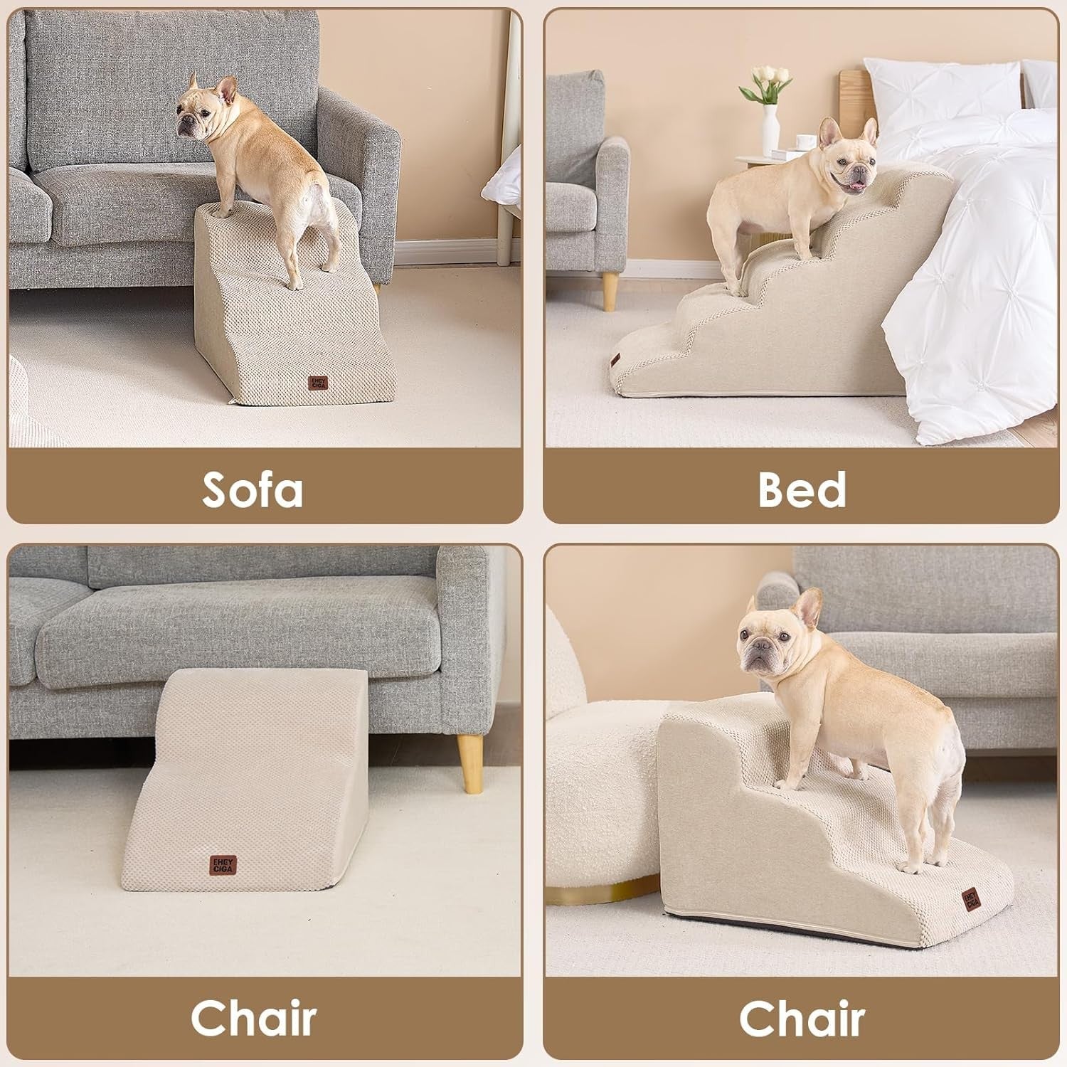 2 Step Dog Stairs for Sofa Non Slip Foam Pet Steps Washable Cream