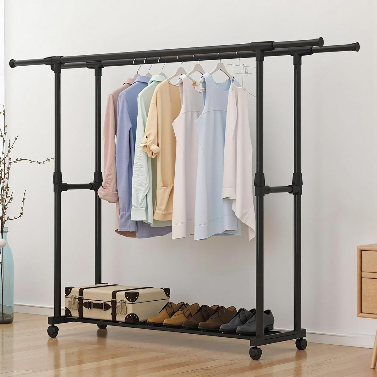 Telescopic Adjustable Clothes Rail on Wheels with Shoe Rack – Black