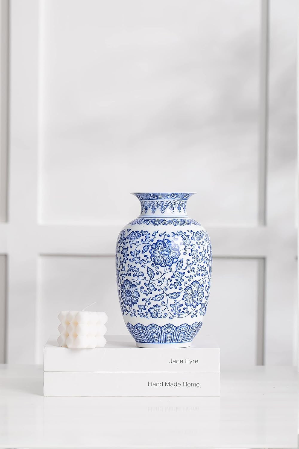 Blue White Ceramic Vase Chinoiserie Floral Decor Table Centerpiece 9 Inch